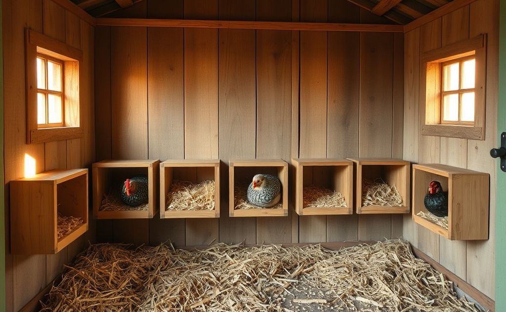 Nesting boxes for 5 chickens in a cozy coop