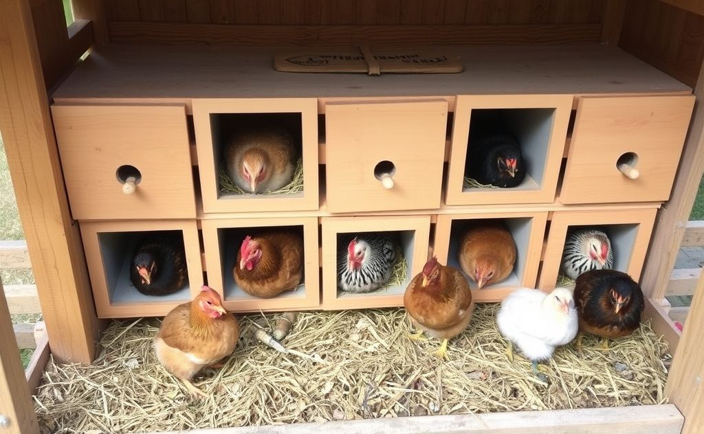 Nesting boxes for eight happy chickens in a coop