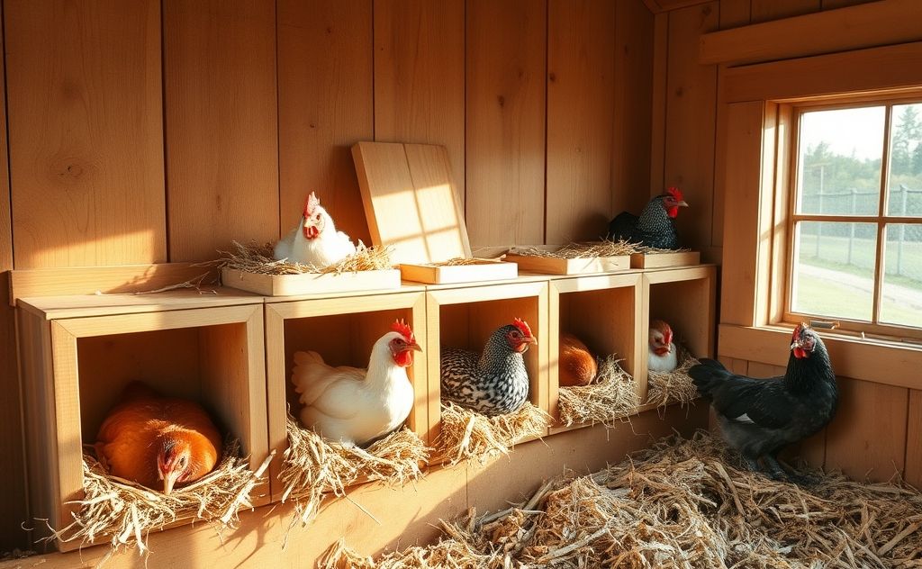 Nesting boxes for six happy chickens in a coop