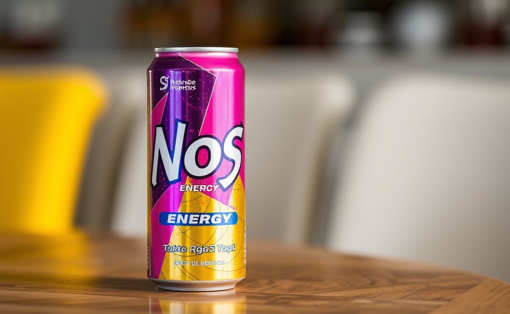 Nos Energy Drink with a vibrant can on a table