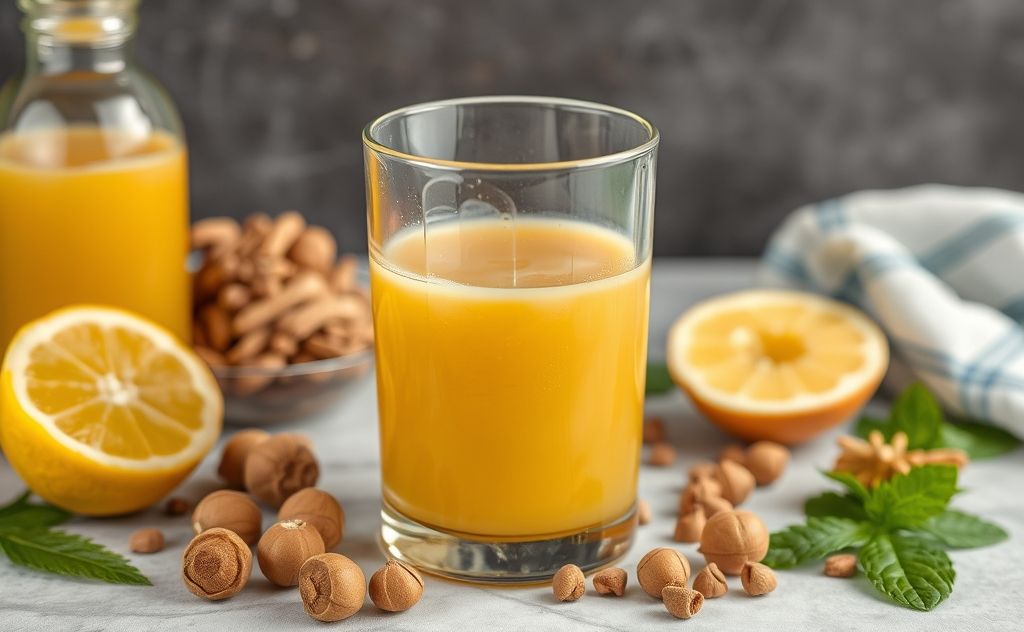 Nutmeg juice preparation with fresh ingredients