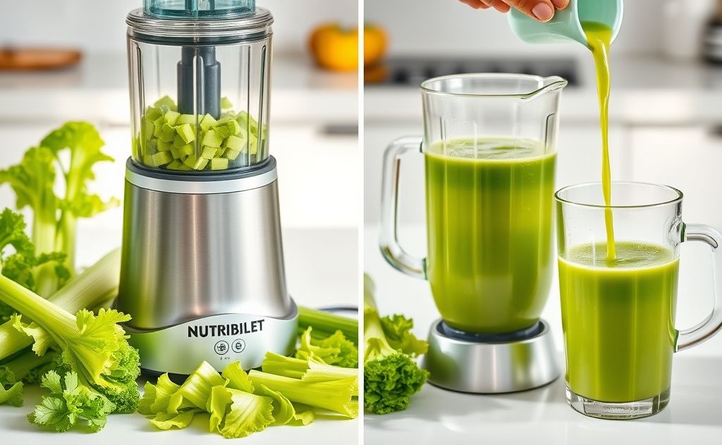 Nutribullet with celery, juice preparation steps