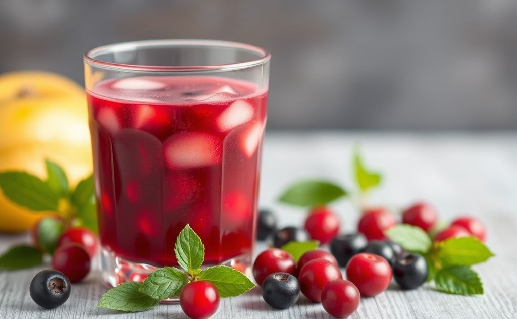 Nutrient-rich cranberry juice in a glass with berries.