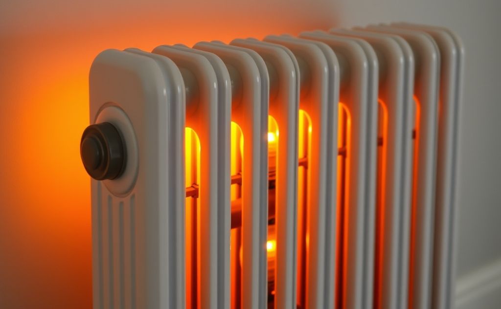 Oil filled radiator with heating elements and warm glow.