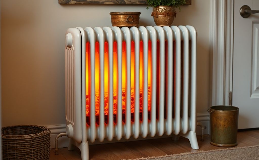 Oil filled radiator with warm glow and cozy home setting