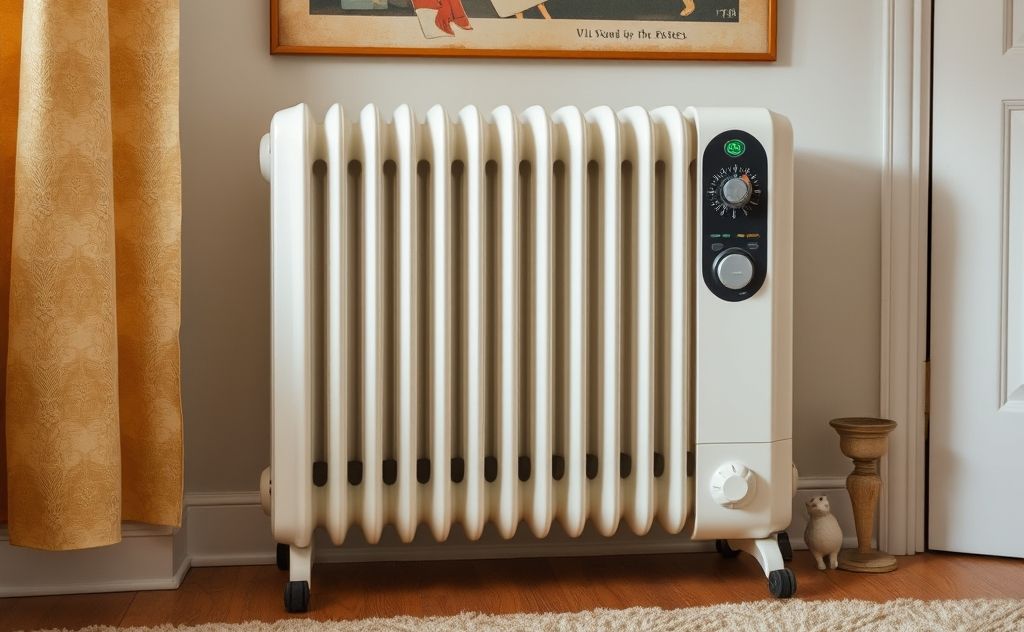 Oil radiator heater with thermostat in a cozy room