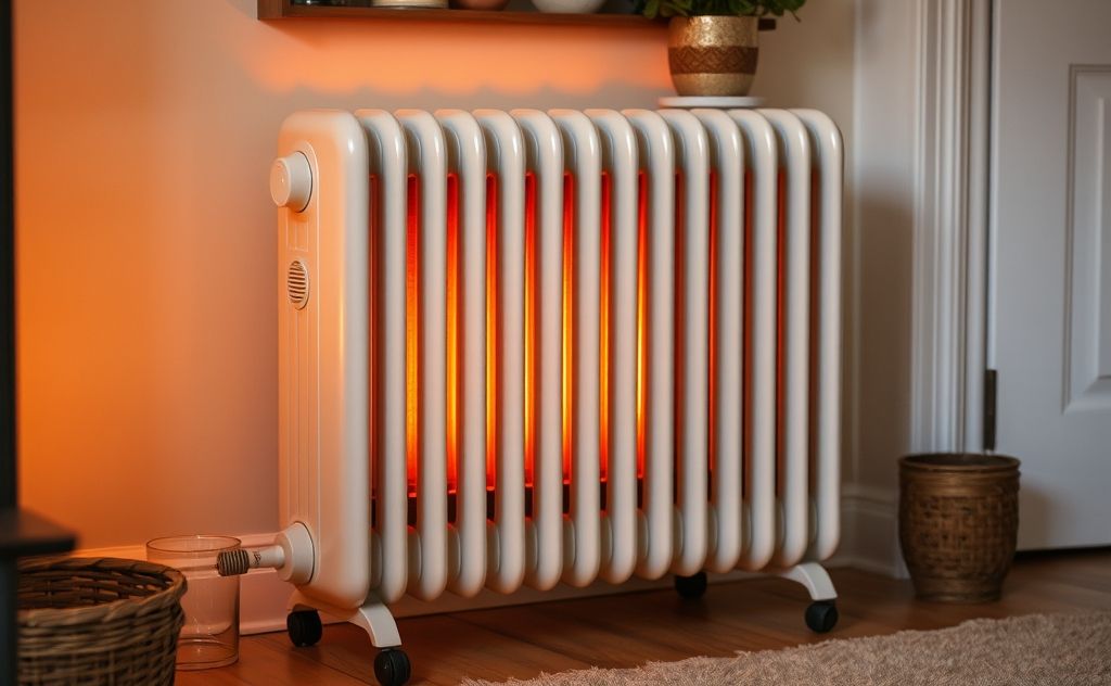 Oil-filled radiator heater with warm glow and cozy home setting.