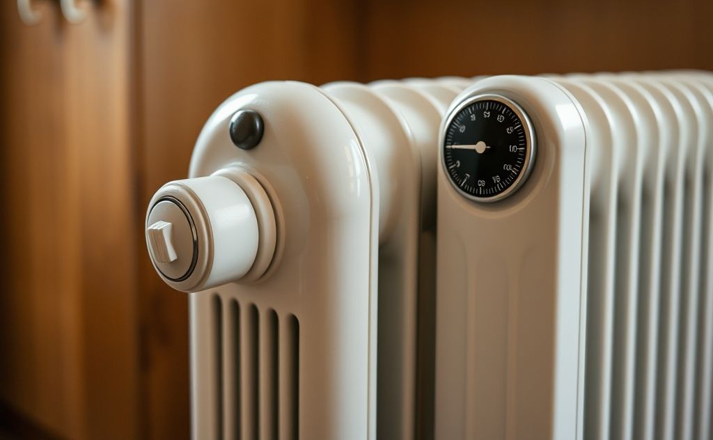 Oil-filled radiator with a visible thermostat control in a cozy room.