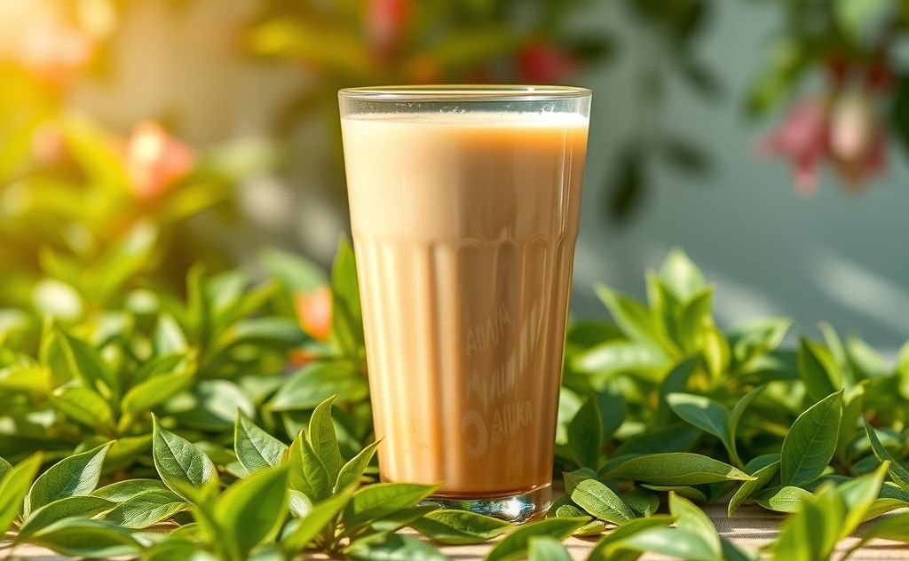 Okinawa Milk Tea with vibrant colors and tea leaves