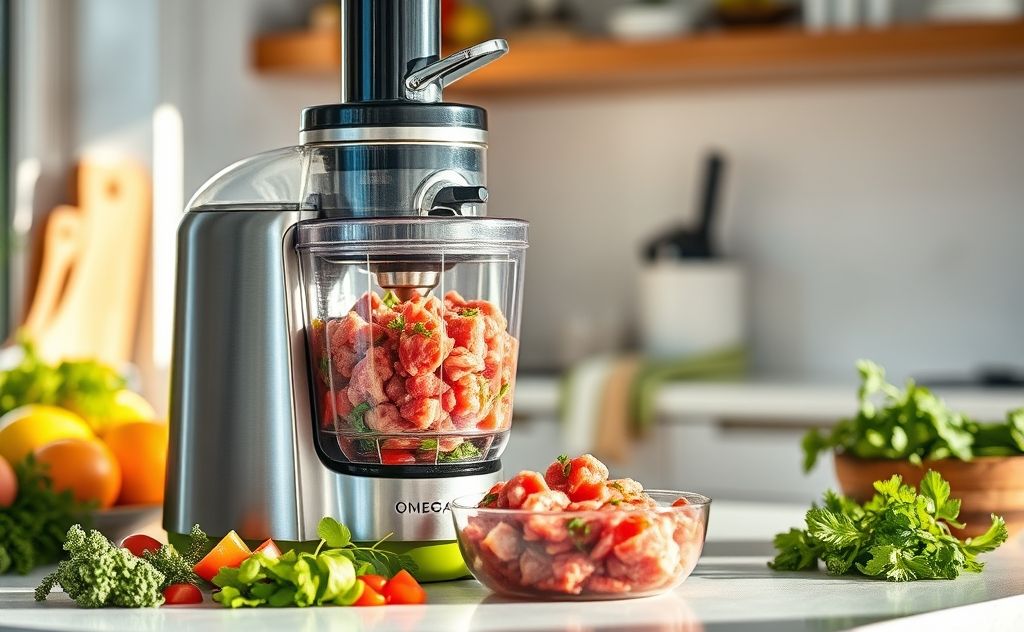 Omega Juicer grinding meat with fresh ingredients