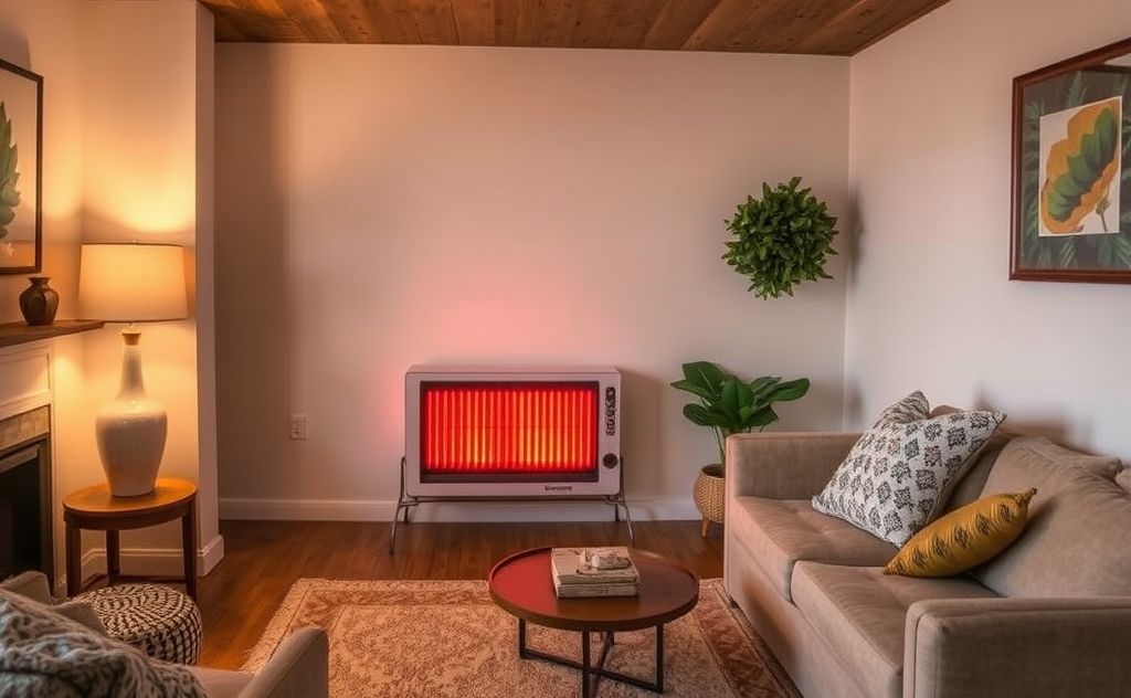 Optimal placement for an infrared heater in a cozy room setting.