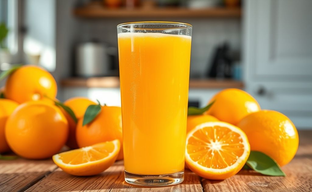 Orange juice in a glass with fresh oranges nearby