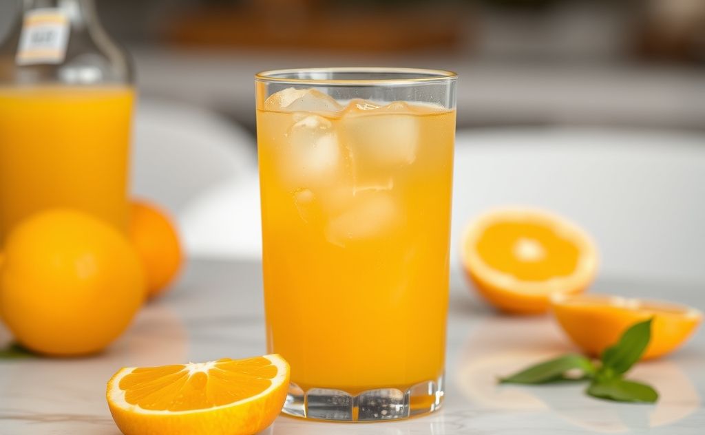 Orange juice in a refreshing glass on a table