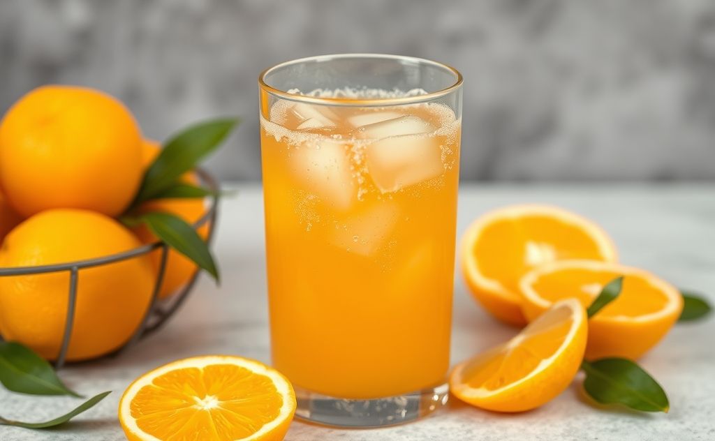 Orange juice with bubbles and fresh oranges nearby