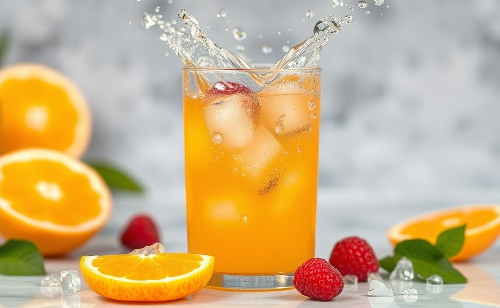 Orange juice with fresh fruit and water splash