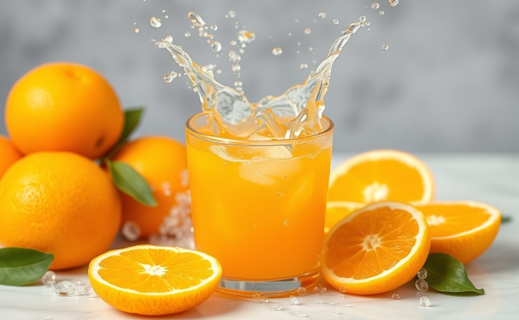 Orange juice with fresh oranges and water splash