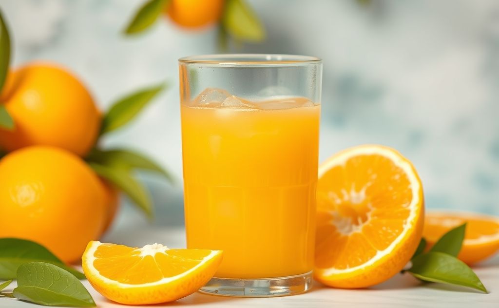 Orange juice with pulp in a fresh, vibrant setting