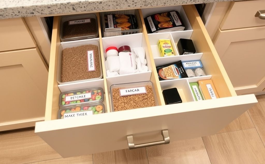 Organized kitchen drawers with labeled sections for family use