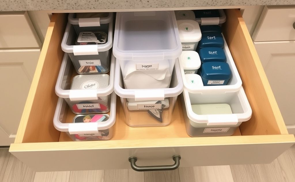 Organized kitchen drawers with labeled storage bins and containers