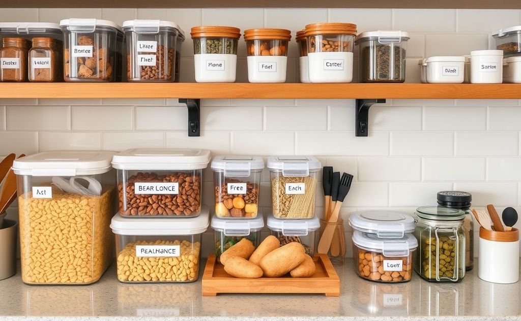 Organized kitchen zones with labeled containers and family-friendly layouts