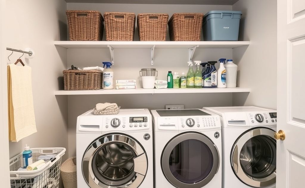 Organized laundry room with shelves, baskets, and cleaning supplies.