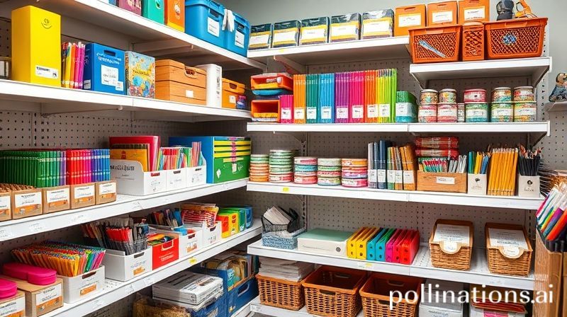 Rak toko perlengkapan sekolah tertata