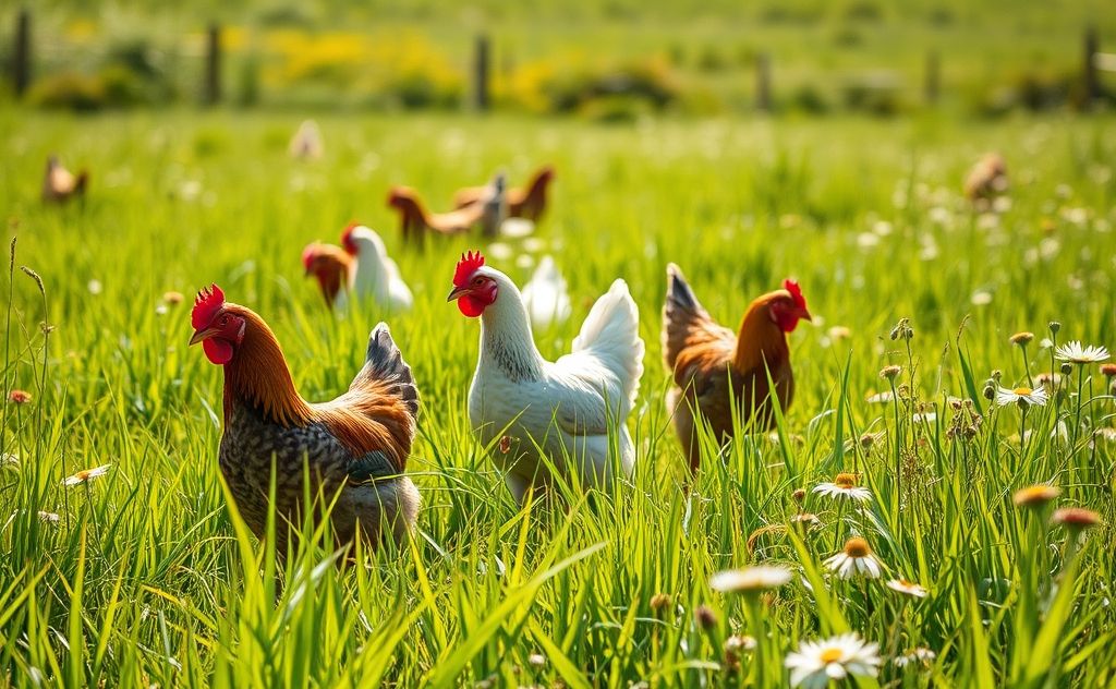 Pasture raised chickens foraging in green fields