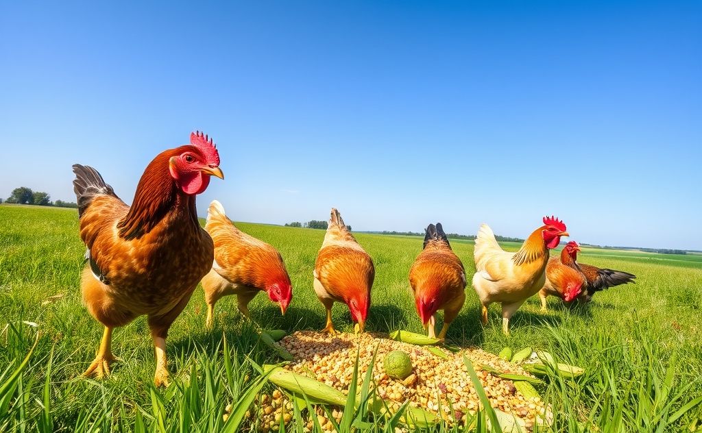 Pasture-raised chickens eating grains and greens