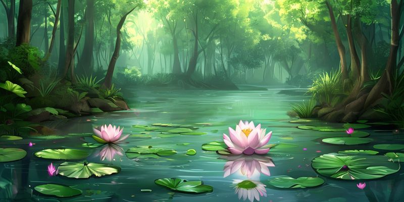 Peaceful forest clearing with a single lotus flower blooming in a calm pond
