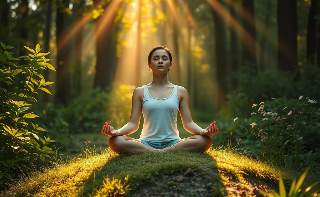 Peaceful person meditating in nature with light