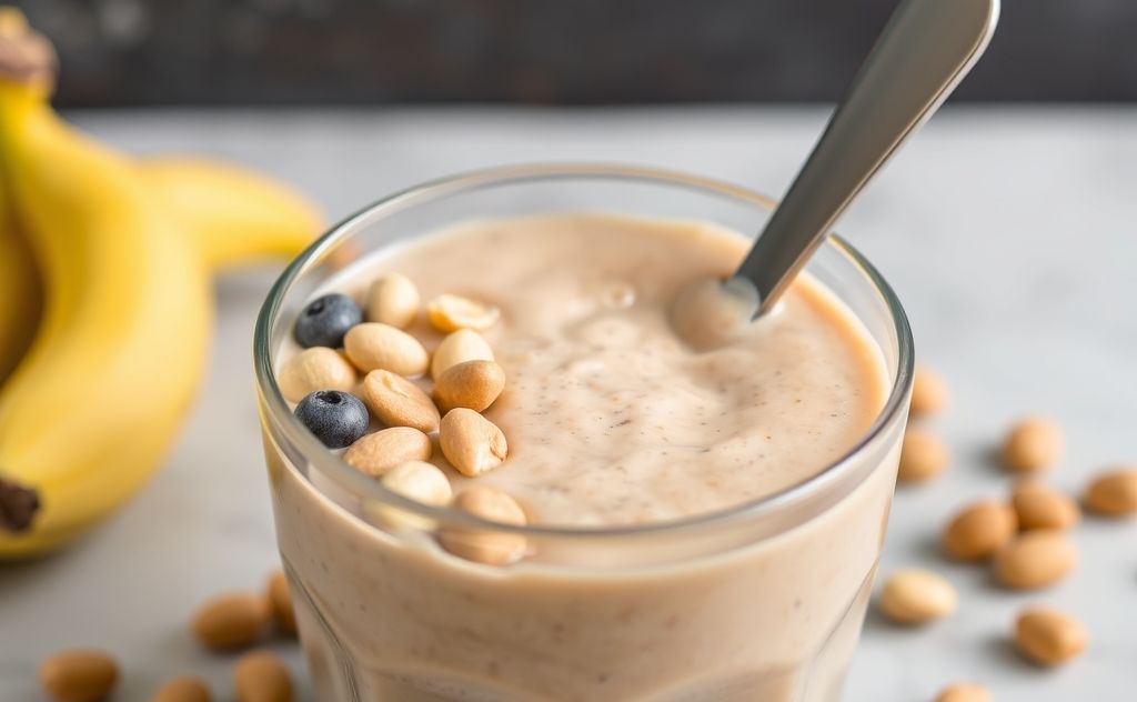 Peanuts blended in a creamy smoothie bowl.