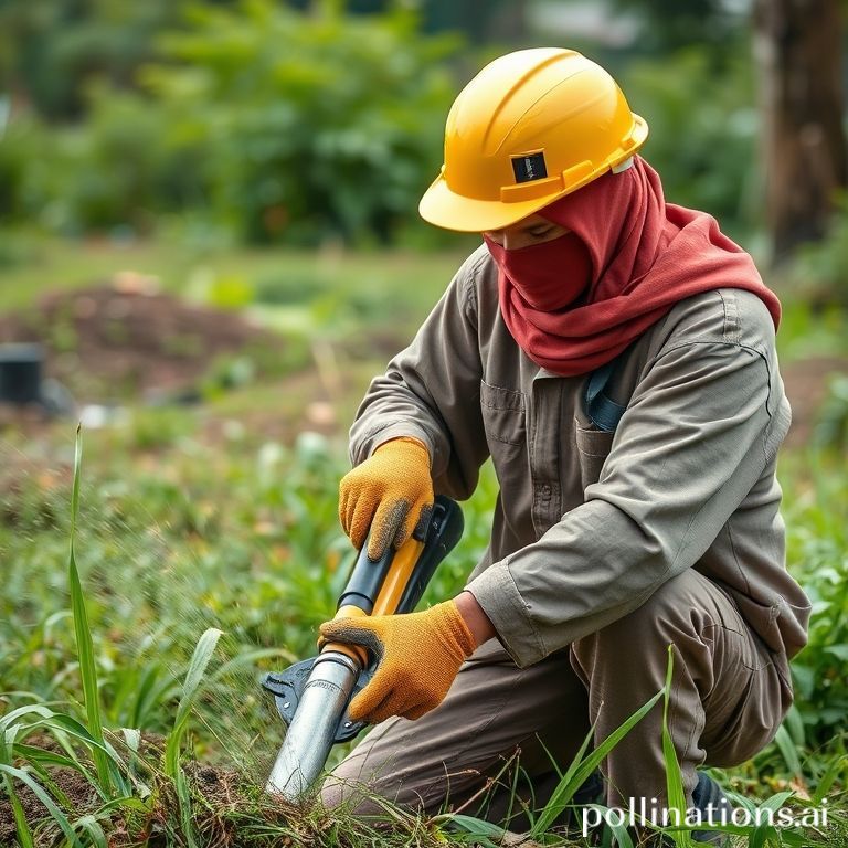 Pekerja taman menggunakan mesin potong rumput gendong