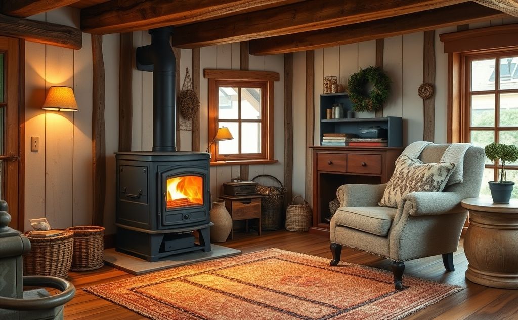 Pellet stove in a cozy rural home setting