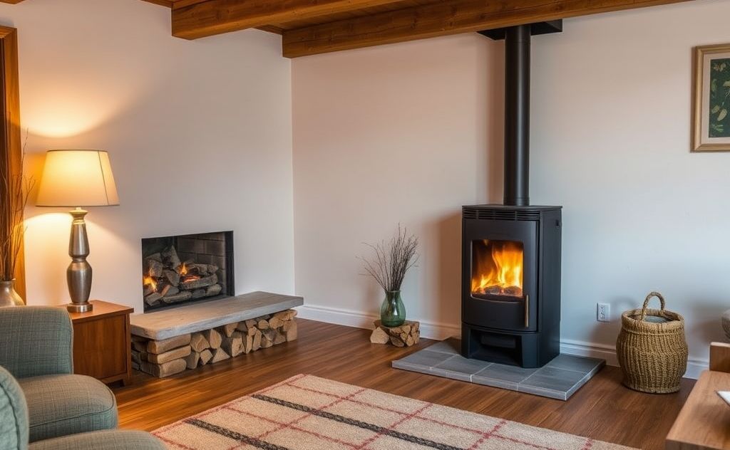 Pellet stove installation in a cozy living room