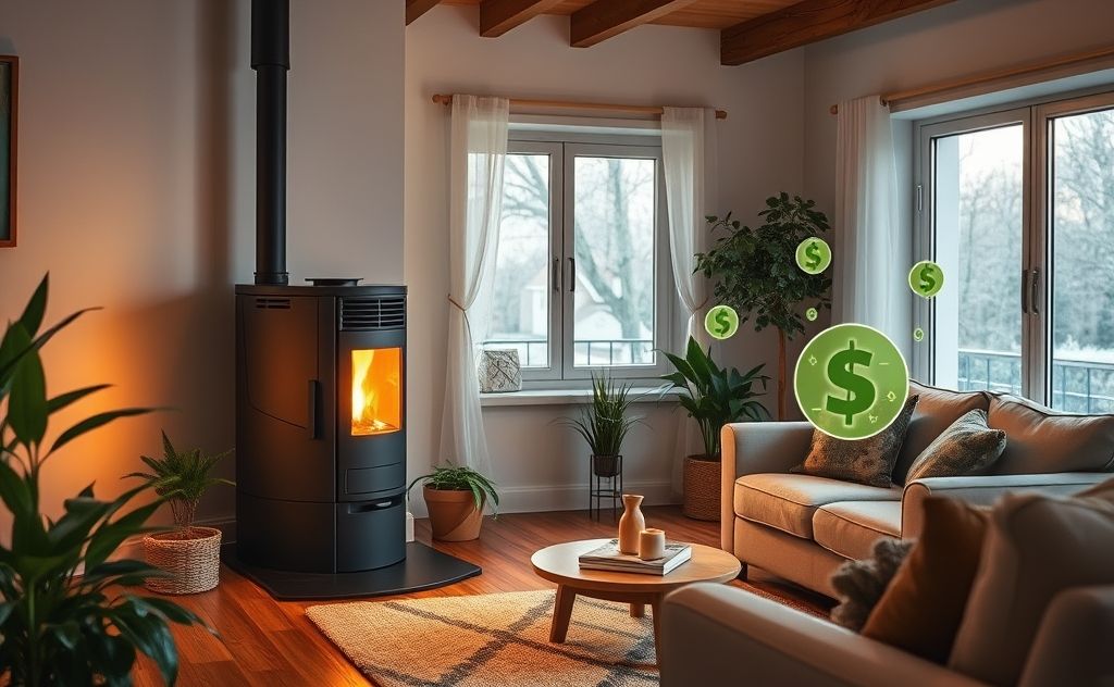 Pellet stove saving money and energy at home