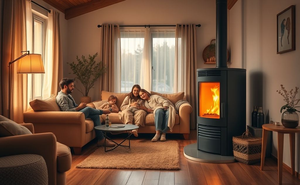 Pellets heating system with warm, inviting home scene