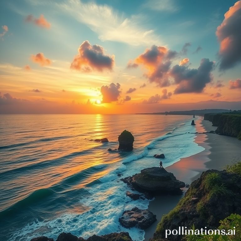 Pantai Bali dengan pura dan sunset
