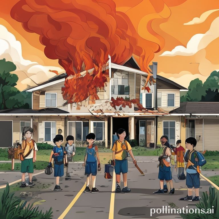 Visualisasi kerusakan sekolah pasca kebakaran di Los Angeles. Bangunan tampak rusak dengan tim pemulihan bekerja keras.