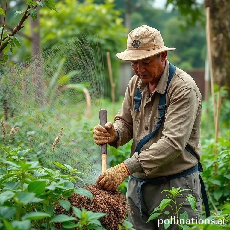Pembersihan sampah kebun dengan karung dan gerobak
