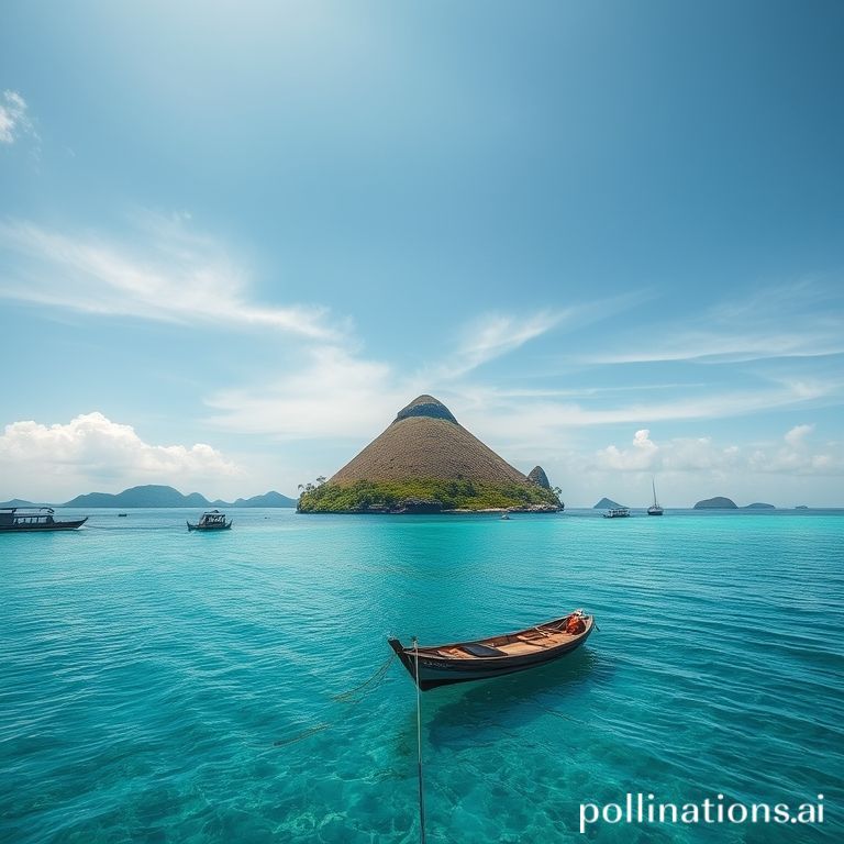 Perahu phinisi melintasi pulau savana Labuan Bajo dengan air biru jernih