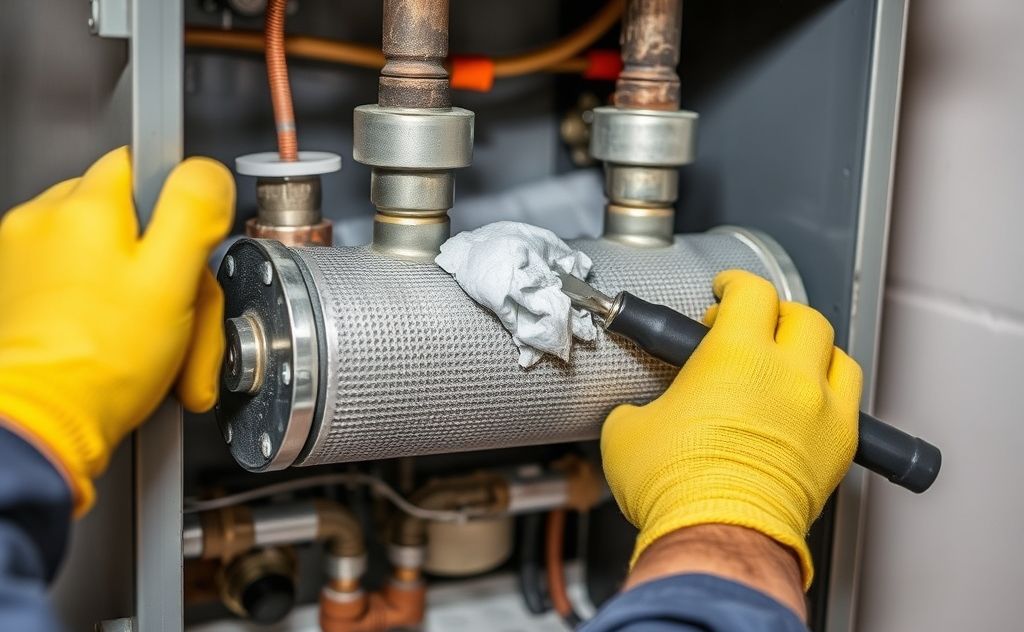 Person cleaning an oil furnace heat exchanger with tools and gloves.
