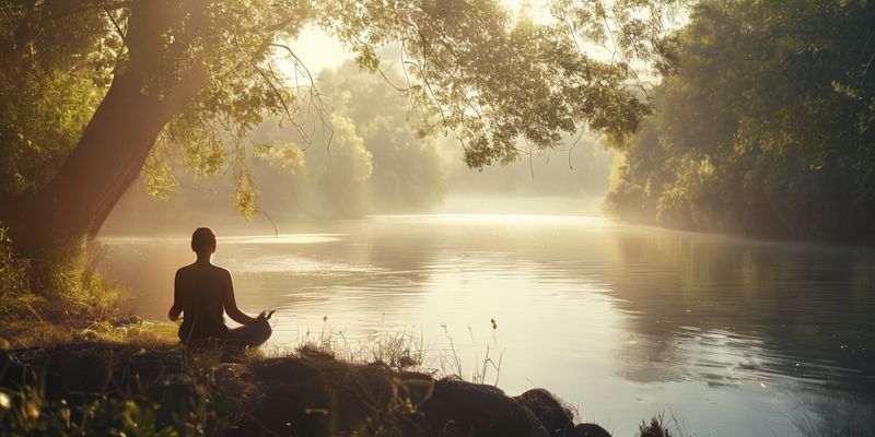 Sakin bir nehir kenarında meditasyon yapan kişi