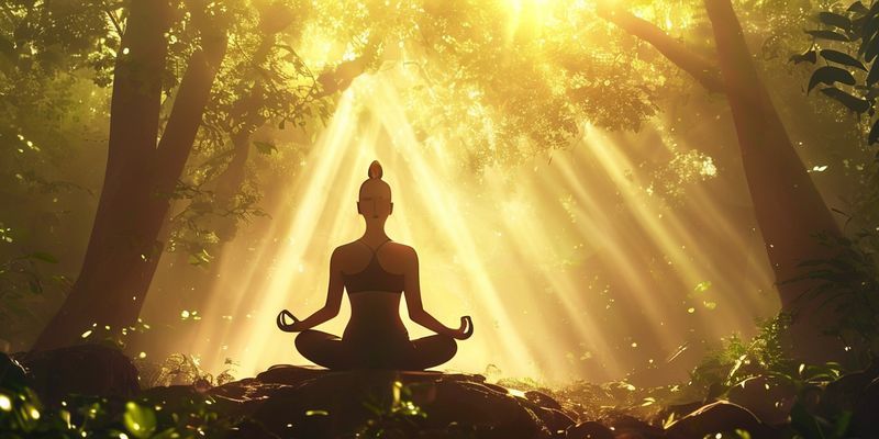 Bir kişinin lotus pozisyonunda meditasyon yaparken, arkasında güneş ışıkları ve sakin bir orman manzarası