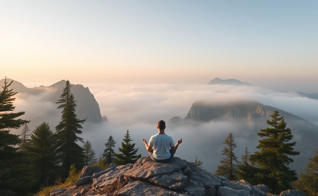 Person meditating peacefully in serene mountainscape