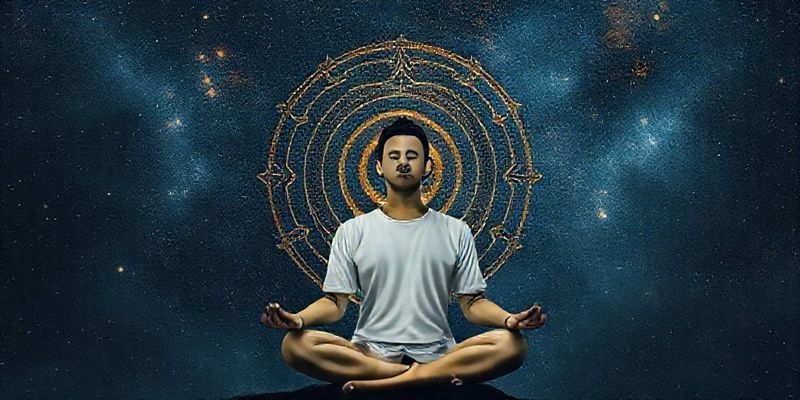 Bir kişi meditasyon yaparken ve arka planda retro Merkür sembolü