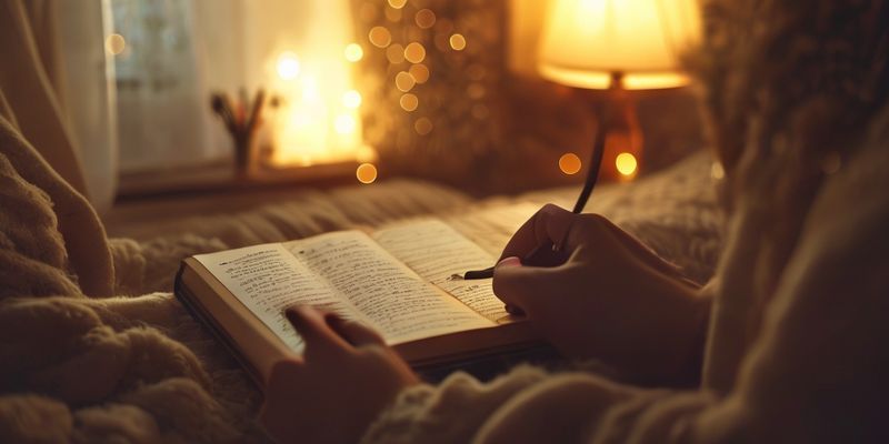 Rüya günlüğü yazan kişi, yumuşak aydınlatma, rahat oda
