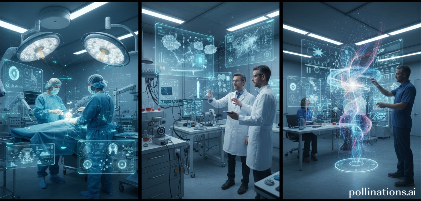 Personas colaborando con interfaces de IA futuristas en diversos entornos: una sala de operaciones, un laboratorio de investigación, una oficina creativa