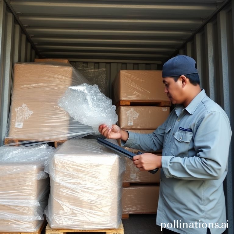 Petugas logistik yang berdedikasi sedang membungkus barang dengan hati-hati menggunakan bubble wrap di dalam gudang yang terorganisir rapi. Di latar belakang terlihat tumpukan kardus dan rak penyimpanan barang yang tertata.