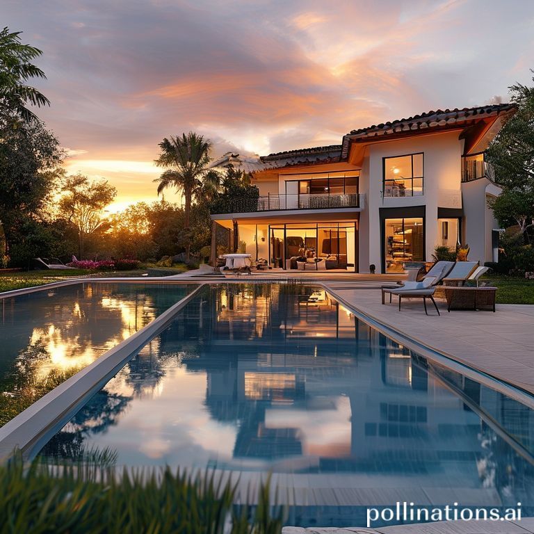 Photorealistic photo of a modern Spanish villa exterior at sunset, with a swimming pool and a well-maintained garden, high quality photography, 8k resolution - Diseño gráfico inmobiliario