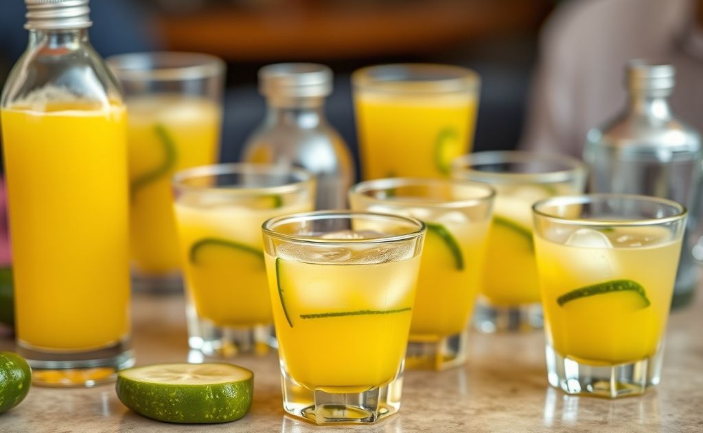 Pickle juice shots in vibrant glasses on a table